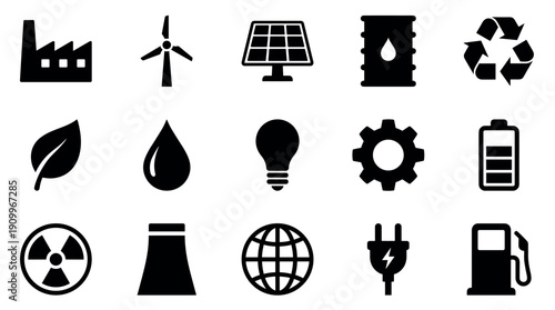 Set of black energy and industry icons representing power, ecology, and technology with minimalist glyphs of a factory, wind turbine, solar panel, and recycle symbol