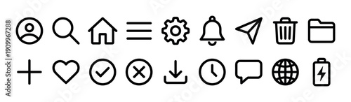 Set of black line icons for user interface design, featuring common symbols like home, search, settings, and profile for web and mobile application development