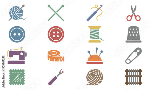 Colorful collection of sewing and knitting icons featuring a sewing machine, yarn, needles, scissors, and buttons in a flat vector style for handmade craft and tailoring concepts
