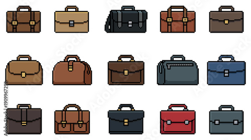 Set of fifteen pixel art briefcases in different styles and colors, featuring a classic 8-bit gaming graphic design for business and office concepts