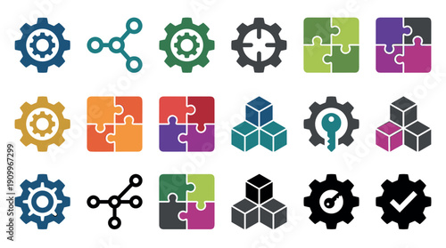 Collection of colorful business process icons including gears, puzzles, and network symbols for technology and integration concepts, presented in a flat vector illustration style