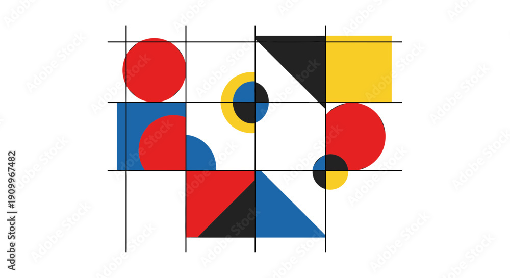 Naklejka premium Dynamic abstract composition of primary-colored geometric shapes, including circles, squares, and triangles, arranged on a precise grid, creating a modern graphic design