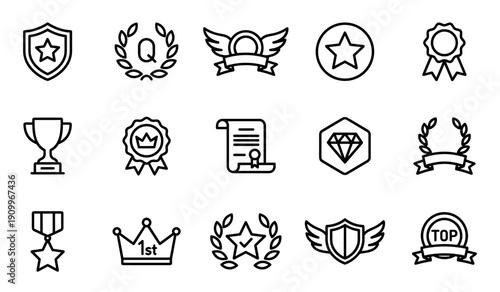 Set of black award and achievement icons in a simple line art style, featuring a trophy, medal, laurel wreath, crown, shield, and other symbols of success and quality