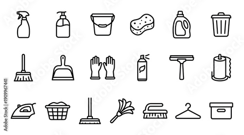 Large set of black cleaning and household chore icons in a minimalist line art style, including a broom, mop, bucket, sponge, detergent, and other domestic equipment