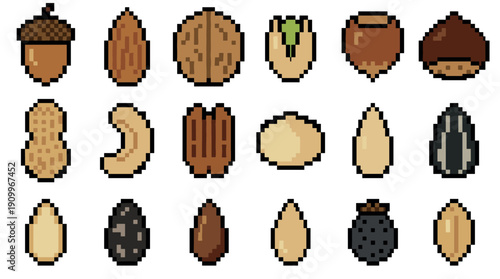 Pixel art collection of various nuts and seeds including almonds, walnuts, and peanuts, presented as a retro 8-bit video game style icon set for digital design