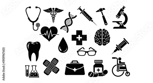 A collection of black and white medical icons representing various aspects of healthcare and science.