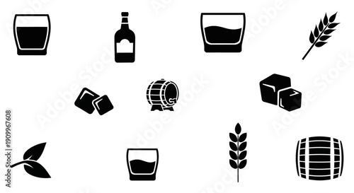 A collection of black and white icons representing elements of whiskey production and consumption, including glasses, bottles, barrels, ice cubes, and wheat stalks.