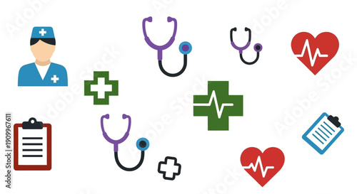 A collection of medical icons including a nurse, stethoscopes, heartbeats, and medical crosses, representing healthcare and wellness.