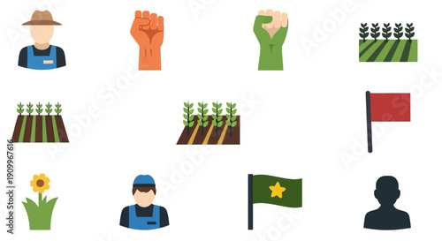 Collection of flat design icons representing farming, agriculture, and social movements.