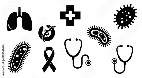 A collection of medical and health-related icons including lungs, bacteria, a stethoscope, a caduceus, a ribbon, and a cross.