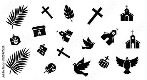 A collection of religious symbols including crosses, churches, doves, palm leaves, and other Christian iconography.