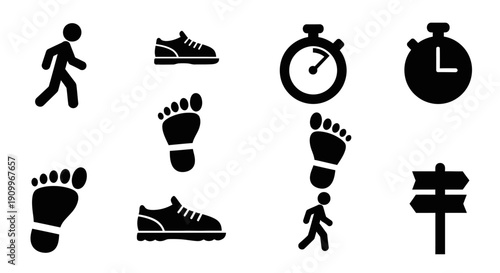 Collection of black and white icons representing walking, running, time, and direction, including footprints, shoes, stopwatches, and a directional signpost.