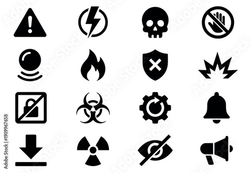 Set of black silhouette warning and danger icons representing concepts like hazard, security, alerts, and system notifications in a simple flat glyph style