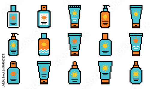 Collection of pixel art sunscreen bottles, tubes, and sprays with sun symbols, representing a retro 8-bit video game style for summer skincare and UV protection