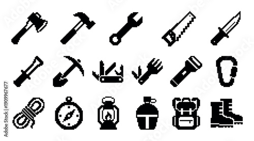 Collection of black pixel art icons representing camping, hiking, and survival gear like an axe, compass, backpack, and boots in a retro 8-bit video game style