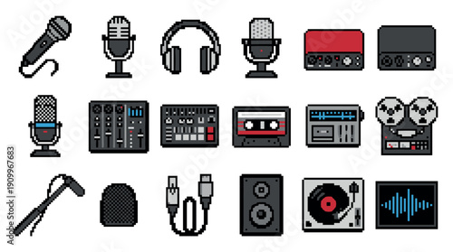 Set of pixel art audio equipment icons including microphones, headphones, mixers, and tape recorders in a retro 8-bit video game style for music or podcasting concepts