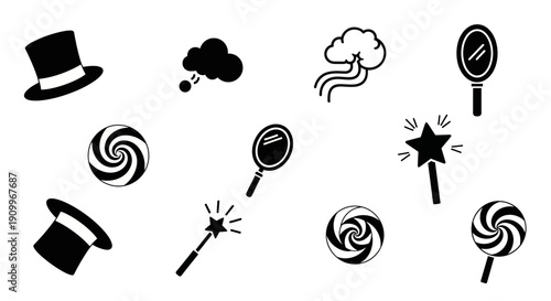 A collection of whimsical black and white icons representing magic, weather, and sweets, including top hats, magic wands, lollipops, and clouds.