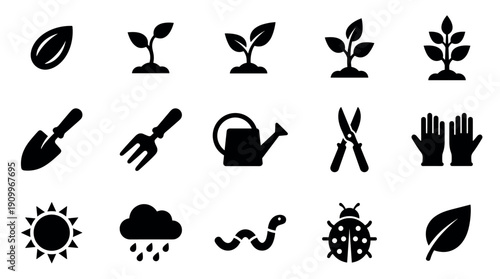 Set of black solid glyph icons representing gardening, agriculture, and plant growth stages from seed to sprout, including tools like a trowel and nature elements like a worm and sun