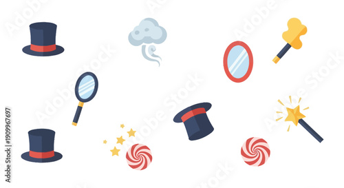 A whimsical collection of magical and circus-themed elements, including top hats, magic wands, and swirling candies, set against a clean white background.