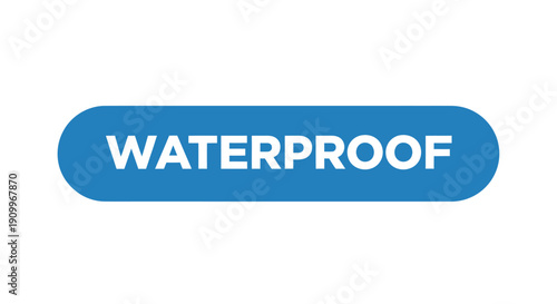 Waterproof text label on a blue background.