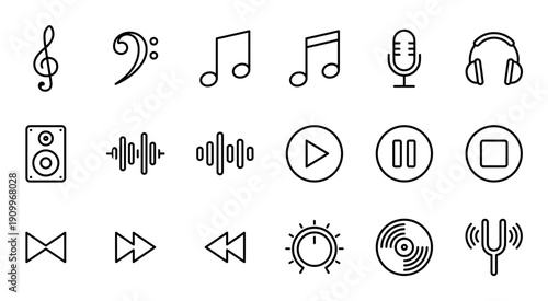 Set of minimalist music and audio outline icons featuring a treble clef, microphone, headphones, speaker, sound wave, vinyl record, and media player control symbols