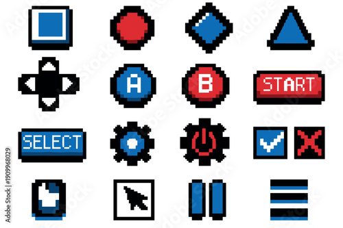 Large set of pixel art icons for a retro video game user interface, including buttons, cursors, and symbols for navigation and settings in a classic 8-bit style