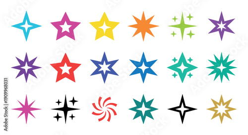 Colorful collection of various star icons and sparkle symbols in a flat graphic design style, featuring different shapes, points, and vibrant hues for decorative design elements