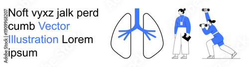 Medical analysis, scientific research, healthcare studies, anatomy education, diagnostics, lungs health. A blue lungs diagram with two individuals observing. Healthcare studies and scientific