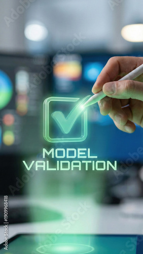 Model validation concept with machine learning visual checklist glowing over tablet screen and stylus office environment showing approval
