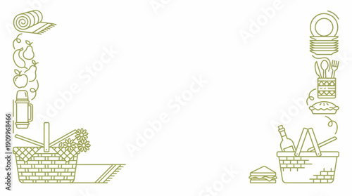 Picnic baskets with food and drink. Spring Vector Packs. EPS Editable