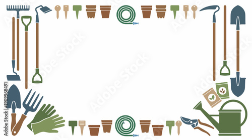 Gardening tools and plant pots border. Spring Vector Packs. EPS Editable