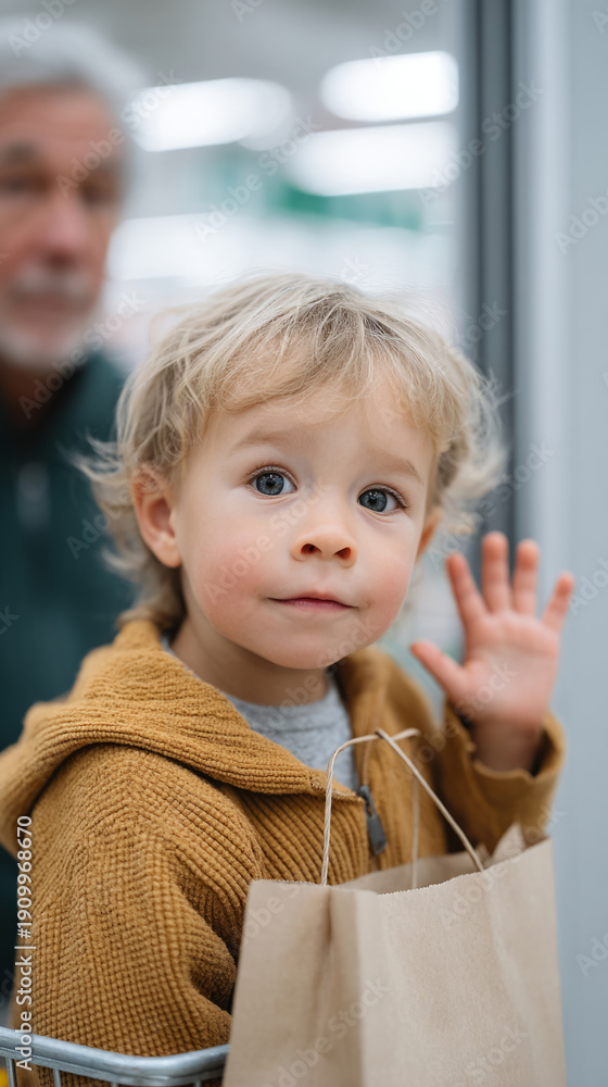 Fototapeta premium Toddler waving goodbye at grocery store exit with shopping bag in hand
