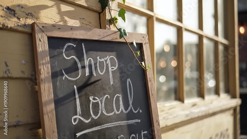 Chalkboard sign with 'Shop Local' message outside a storefront, slow motion shot, symbolizing community support and local business promotion