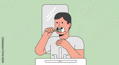 Young man brushing teeth in bathroom mirror, fresh daily dental hygiene routine