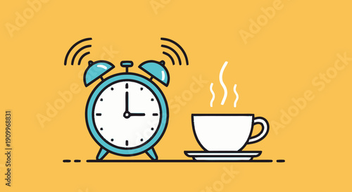 Alarm Clock Ringing Next to Steaming Coffee Cup on Yellow Background