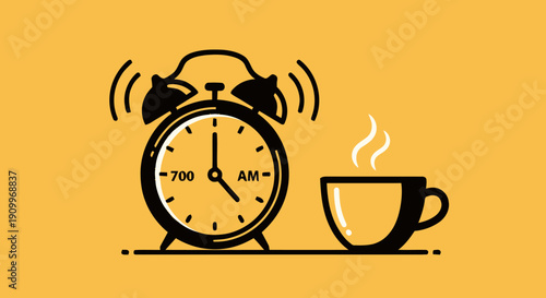 Alarm Clock Ringing Next to Steaming Coffee Mug on Yellow Background