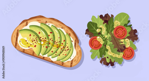 Avocado Toast and Fresh Salad - Healthy Breakfast Flat Lay Illustration
