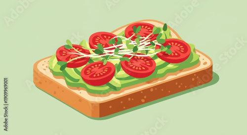 Avocado Toast with Tomatoes and Sprouts: Healthy Breakfast or Snack Illustration