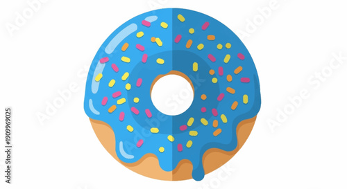 Blue Frosted Donut with Colorful Sprinkles on White Background