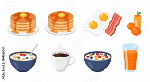 Breakfast Food Collection: Pancakes, Eggs, Bacon, Cereal, Coffee & Juice Illustration