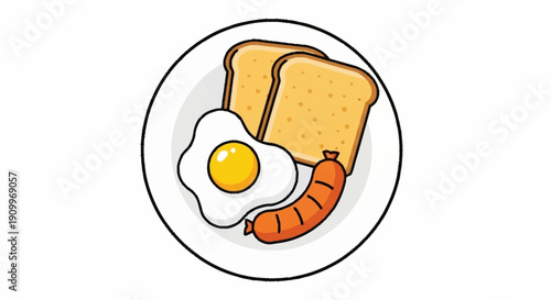 Breakfast Plate with Fried Egg, Toast, and Sausage - Cartoon Illustration
