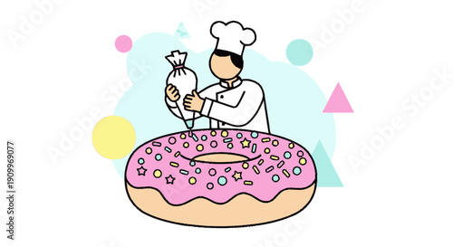 Cartoon Baker Decorating a Giant Pink Donut with Sprinkles
