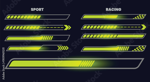 Racing Progress Bars: A visual representation of speed and progress, with dynamic elements like stripes, arrows, and checkered patterns, all rendered in vibrant yellow hues against a dark background.