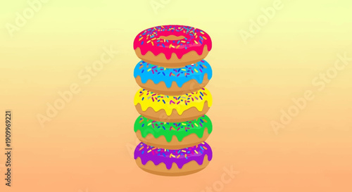 Colorful Stack of Glazed Donuts with Sprinkles on a Vibrant Gradient Background