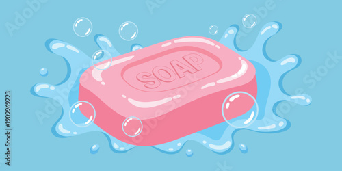 Soap in Watery Embrace: A pink soap bar, adorned with the word SOAP, finds itself in a refreshing bath of water and playful bubbles. 
