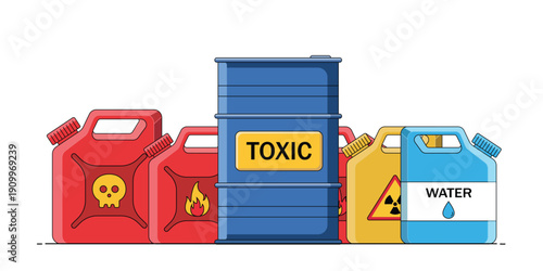 Toxic Waste and Warning: Hazardous containers of toxic waste, each emblazoned with danger symbols and labels, stand as stark reminders of environmental responsibility and potential hazards.