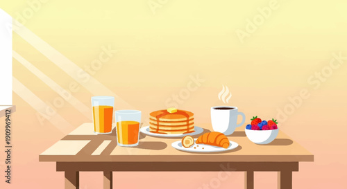 Delicious Morning Breakfast with Pancakes, Croissant, Coffee, Juice, and Berries