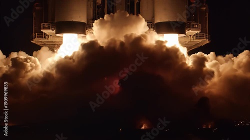 Dramatic Rocket Launch with Explosive Flames and Smoke, Slow Motion Footage of Powerful Engines Igniting, symbolizing innovation and technological advancement