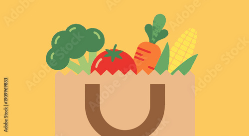 Fresh Groceries Paper Bag Illustration: Healthy Eating and Organic Produce Concept