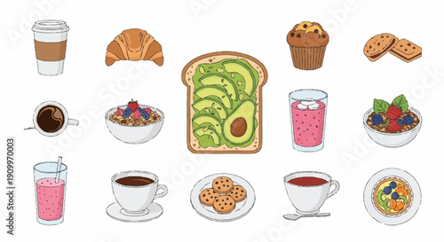Healthy Breakfast Food Collection: Coffee, Avocado Toast, Muffins, and Berries